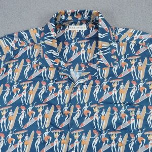 Far Afield Mens XL Blue Hawaiian Camp Collar Surfer Print Organic Cotton Shirt